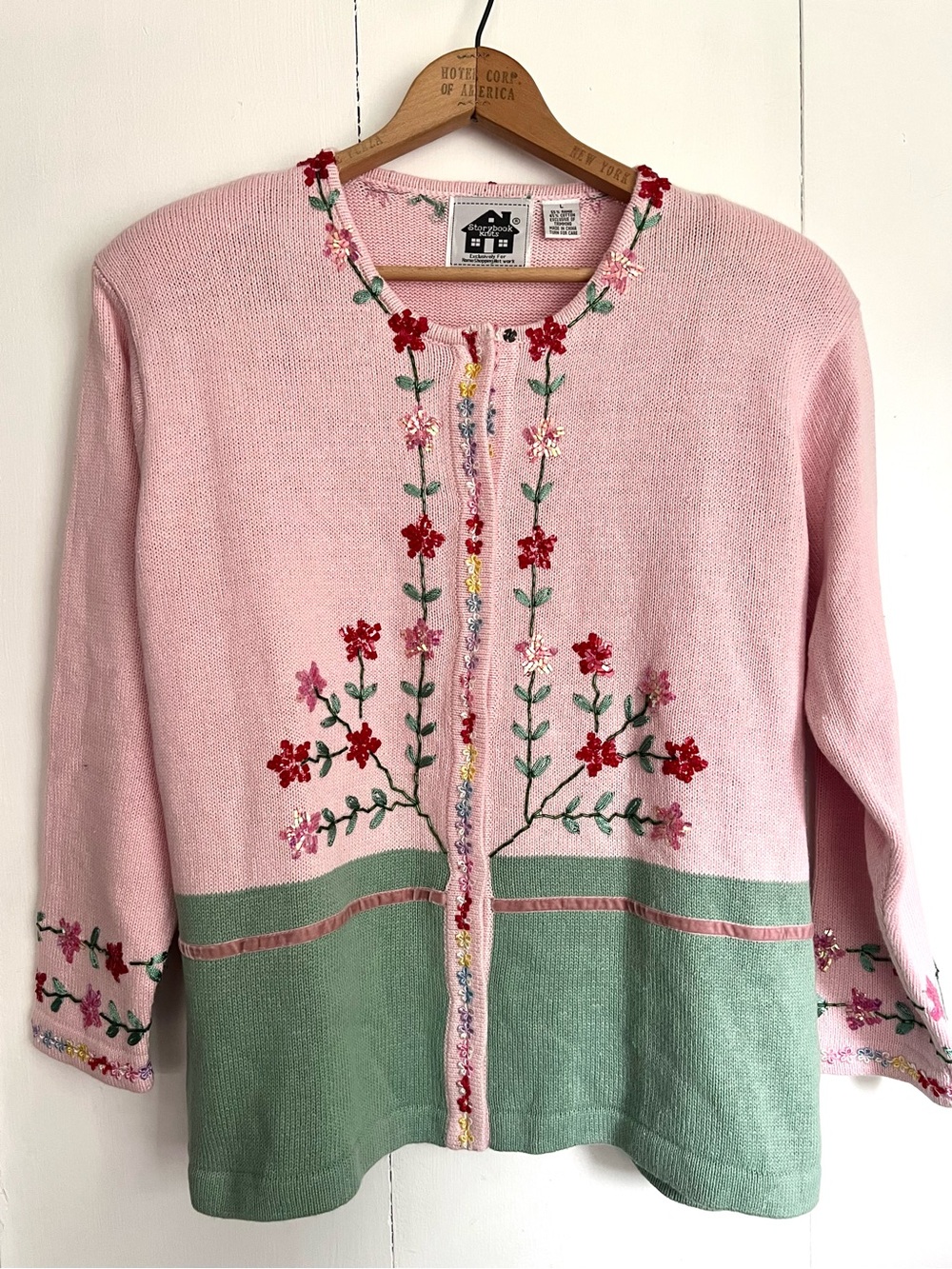 Storybook Knits Beaded Sequin Flower Floral Pink Green Cardigan Sweater Large